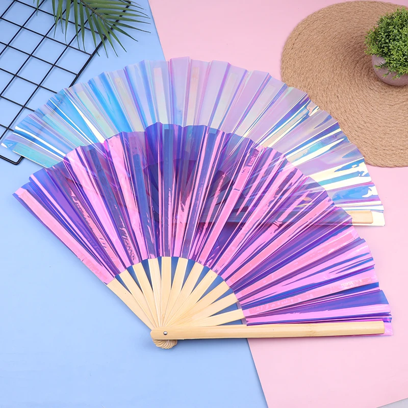 1Pc PVC Tai Chi Fan 33cm Bamboo Fan Laser Kung Fu Folding Fan Craft Gifts Stage Performance Dance Party Photography Props Fan