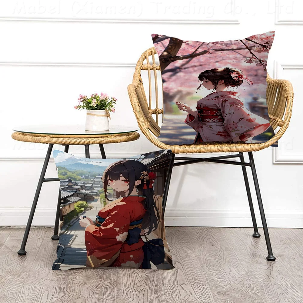 

Anime Kimono GirlPillow Cushion Cover Pillowcase Living Room Sofa Home Decor Customized