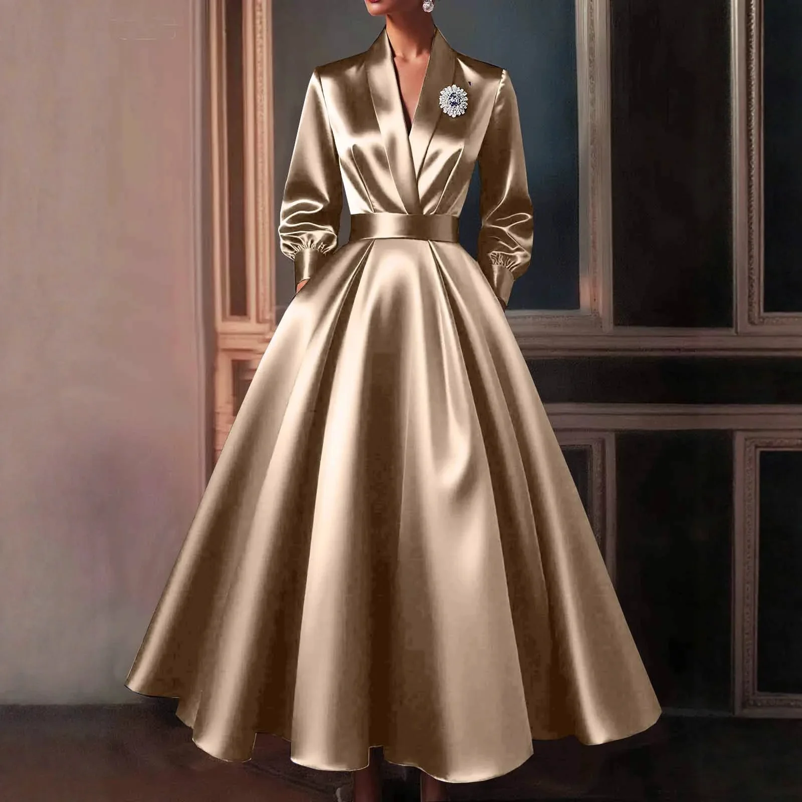 Satin Elegant Dress for Women Lapel Collar Pleated A-Line Evening Maxi Dress Wedding Guest Vintage Lantern Sleeve Autumn Dresses