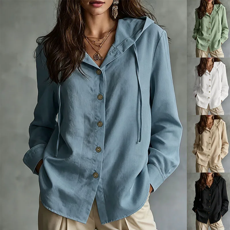 European and American women's hooded white shirt with wooden buttons, single-breasted loose long-sleeved shirt