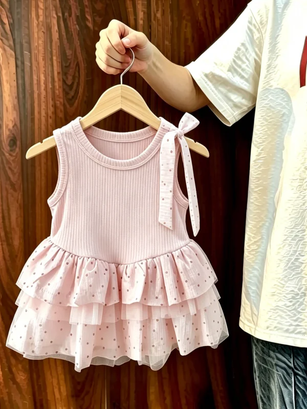 Vestido Infantil Coreano de Algodão Respirável e Confortável com Gola Redonda e Sem Mangas, Estampa de Bolinhas, Modelo Saia em Camadas, Coleção Verão