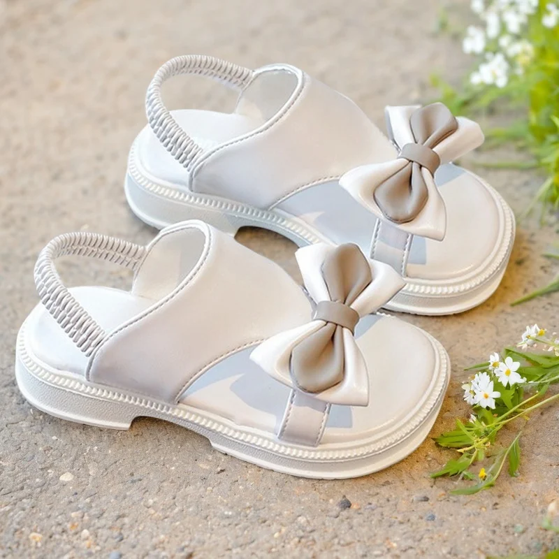 Girls' White Sandals 2025 Summer Students New Black Flat Sandals Children's Fashion Bow Open Toe Princess Elastic Beach Shoes