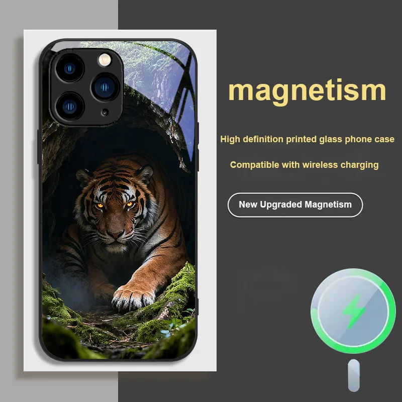 

Chinese Tiger Pattern Magnetic Glass Phone Case For iPhone 15 12 14 Pro 13 Mini XS MAX 8 Plus 16 e 11 X XR Dust Cover