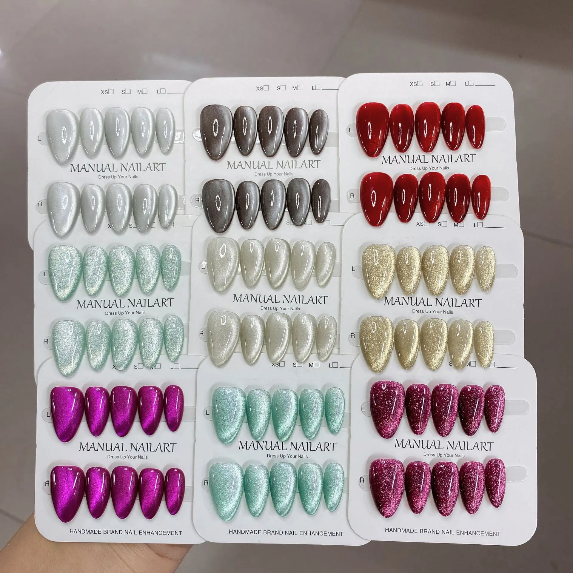 

10PCS Blue Red Full Cover Nail Tips Mid-length Almond Handmade False Nails Art Wearable Solid Color Cat's Eye Press on Fake Nail