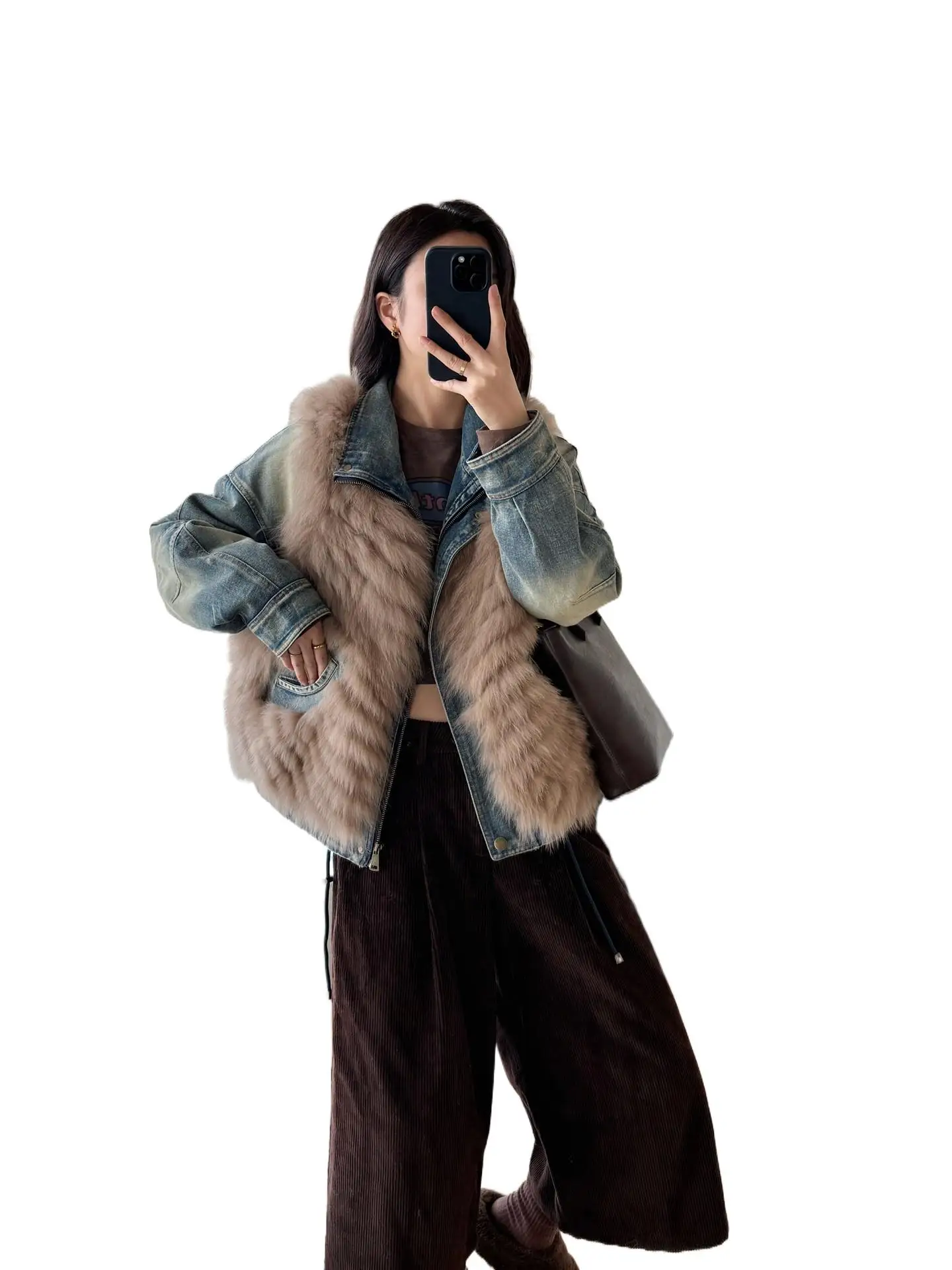 2025 겨울 필드 신상 투피스 데님 폭스 퍼 베스트 재킷, 구스다운 이너 라이너 포함, 필수템