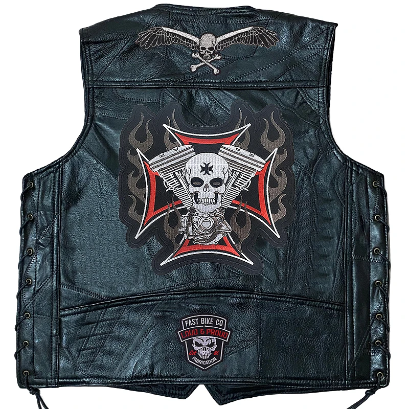 Men's Motorcycle Leather Vest Fashion Embroidered Patches Sleeveless Biker Jacket Casual Streetwear Locomotive Club Punk Veste