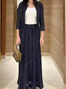 2026 Spring New Fashion Hollow-out Cardigan Women Elegant Temperament O-neck Sleeveless Knit Tops or Mid- length Skirt Ladies