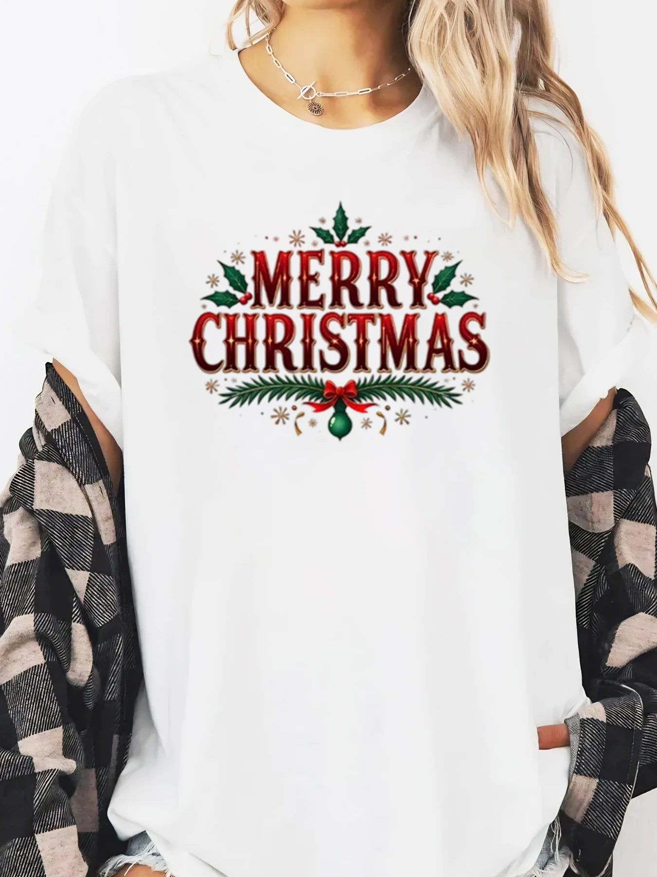 T-Shirt à manches longues pour femmes, imprimé joyeux noël, vacances, tenue de fête décontractée, blanc, grande taille