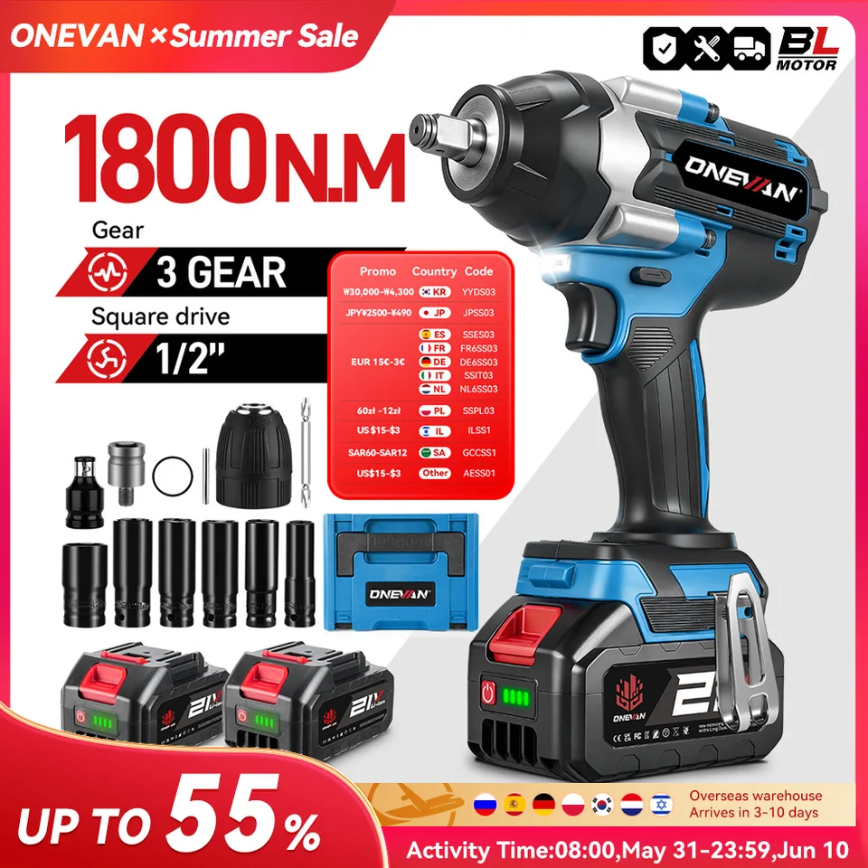 ONEVAN 1800N.M ブラシレス電動インパクトレンチ 1/2 ''ドライバー