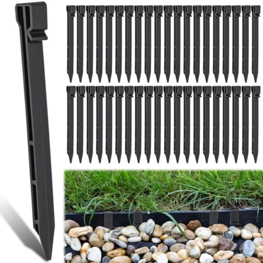 

Landscape edging anchoring stakes for lawn, terrace board, paver edging, weed barrier and plant support; plastic, black, heavy