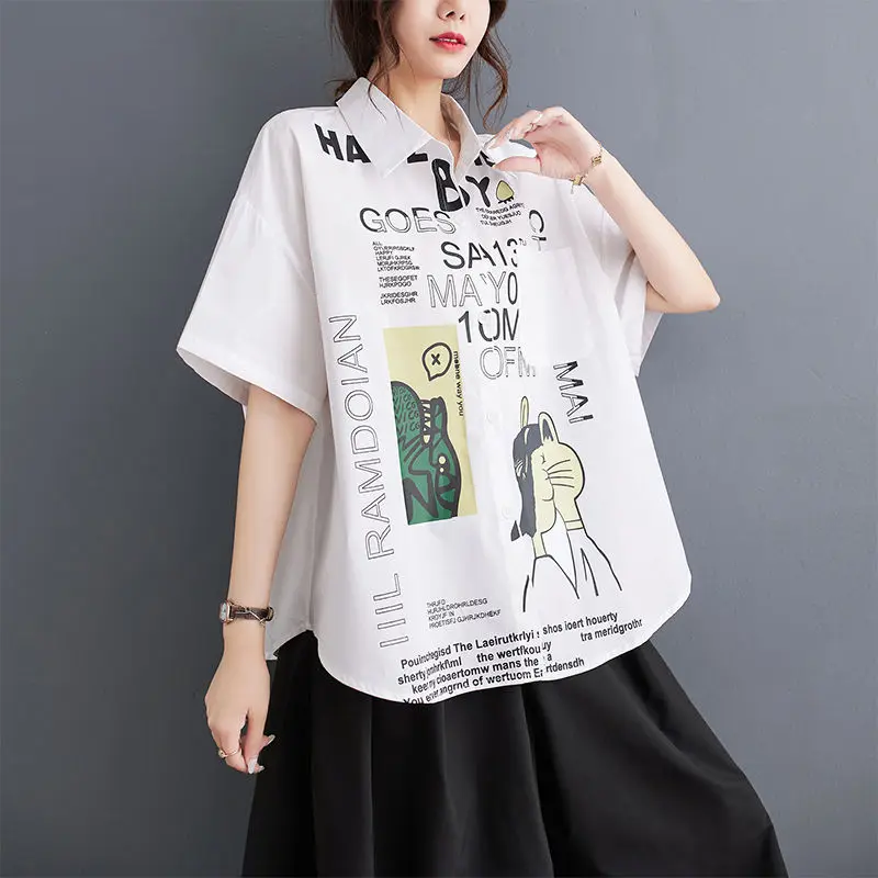

Letter Printed Shirt for Women in Summer New Fashion Fashion Vintage Style Short Sleeve Spliced Printed Top