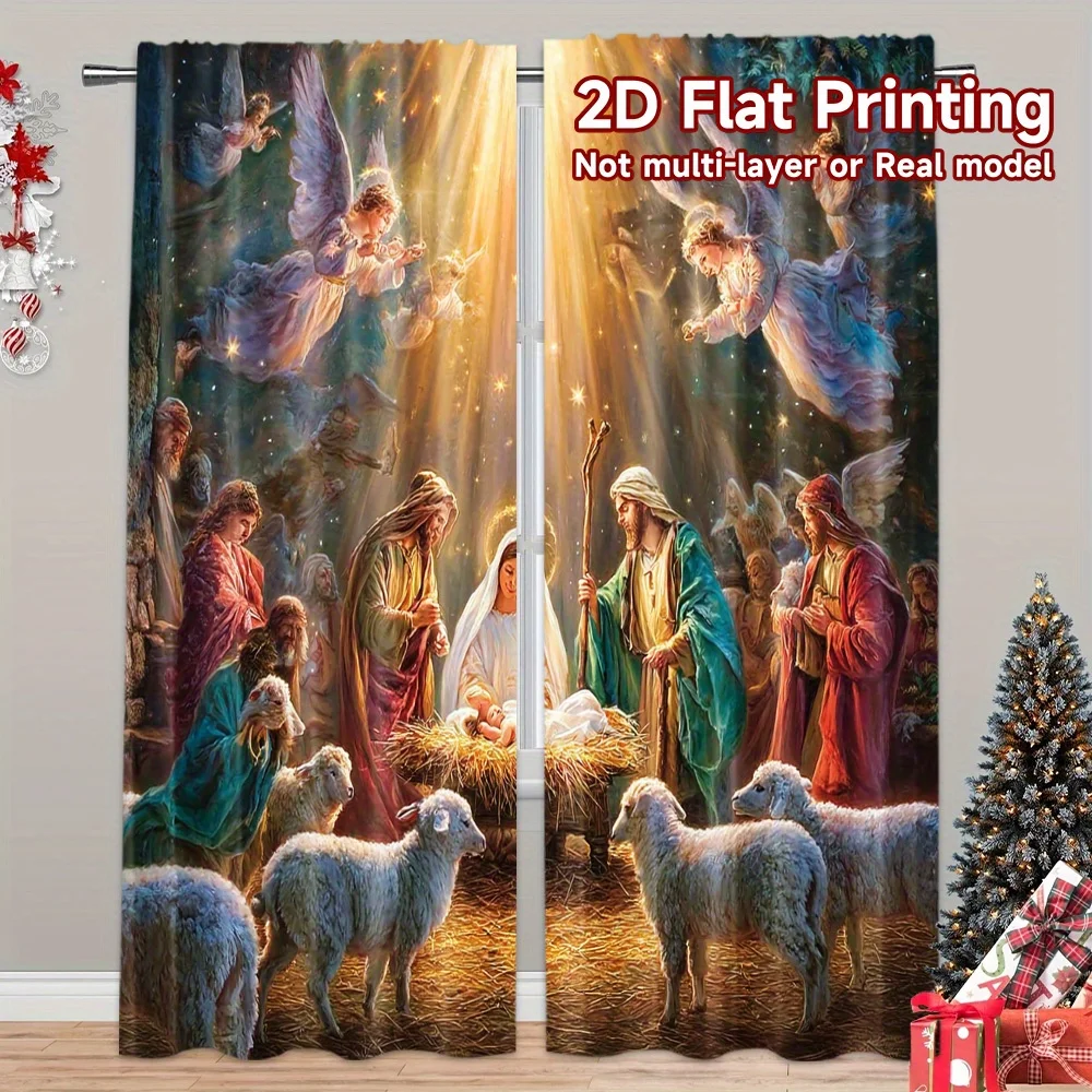 Christmas Nativity Scene Starry Sky Rod Pocket Window Curtains -Holiday Theme Room Decor for Bedroom Living Room Set of 2 Panels