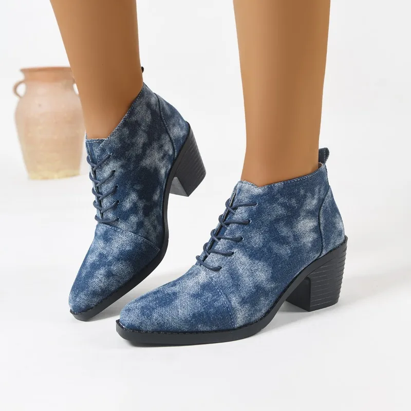 

Denim Naked Boots Fashion Round Toe Lace-Up Soft Sole Non-Slip Wear-Resistant Block Heels
