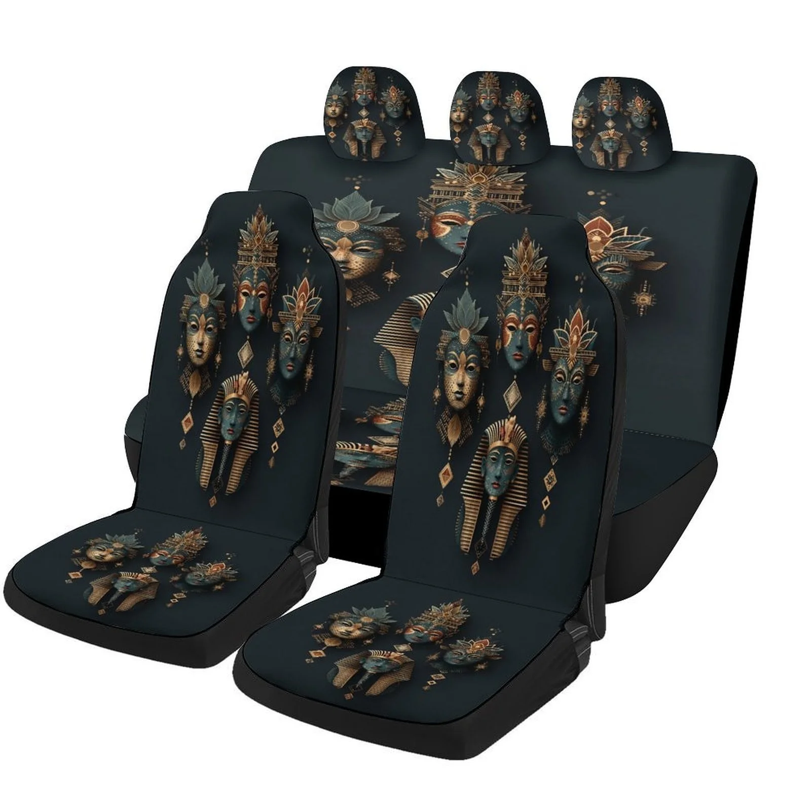 Set Of Car Seat Covers Featuring Egyptian Masks, Designed To Fit Most Vehicles. Stylish And Unique, This Complete Set Includes C
