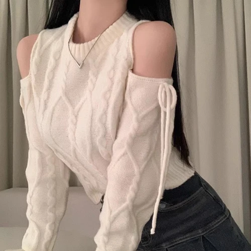 루즈핏 니트 가을겨울 라운드넥 긴팔 루즈핏 레트로 반소매 스트링 루즈핏 캐주얼 긴팔 트위스트 니트 스웨터 여성용 니트