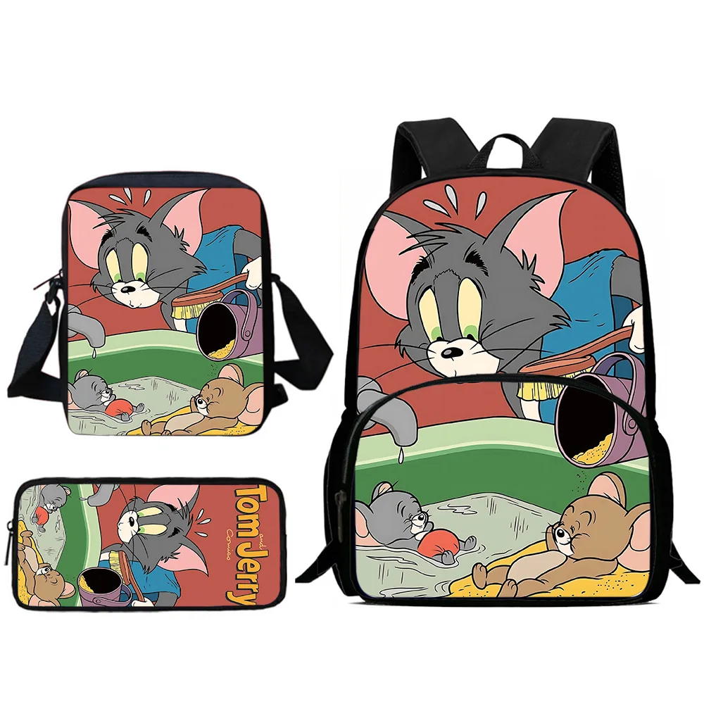 Funny Cartoon Child Backpacks Shoulder Bag Pencil Case Pupil Large Capacity School Bags for  T-TomS J-JerryS Boys Girls Gift