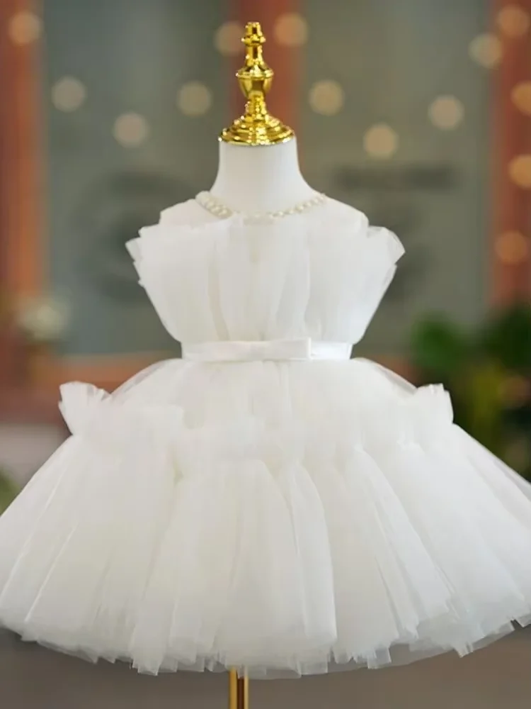 

Custom Flower Girl Dress Wedding Dress First Christmas Party Kids Ruffled Tulle Tutu Dress With Bow And Pearl Neckline Formal