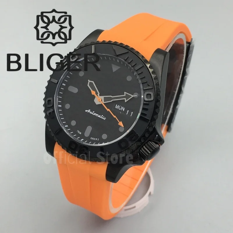 BLIGER 40.5mm NH36 Watch For Men Black Matte Ceramic Bezel Sapphire 3.8 Crown Luminous Orange Yellow Second Hands Rubber Strap