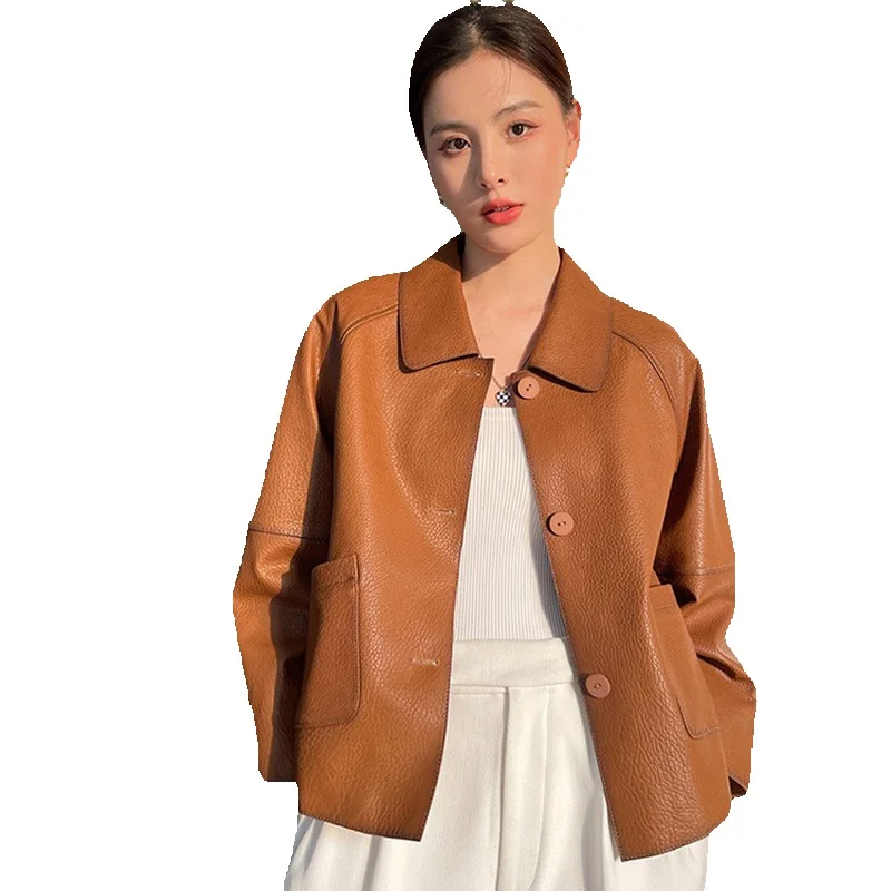 

Genuine Leather Lychee Grain Sheep Leather Spring New A-Line Wide Version Women's Short Casual Leather Jacket