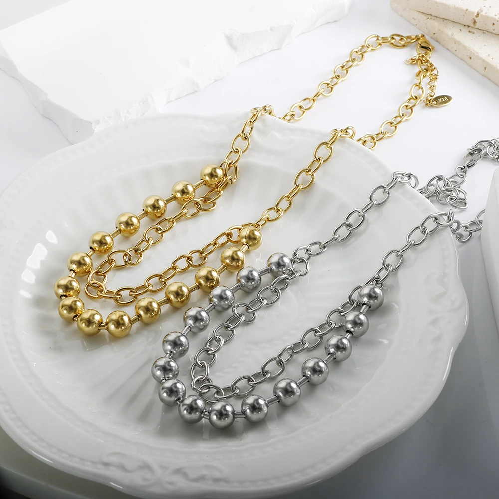 JINHUI Double Layers Stainless Steel Punk Gold Color Link Chain Shape Beads Necklace For Women Girl Fashion Holiday Gift Jewelry