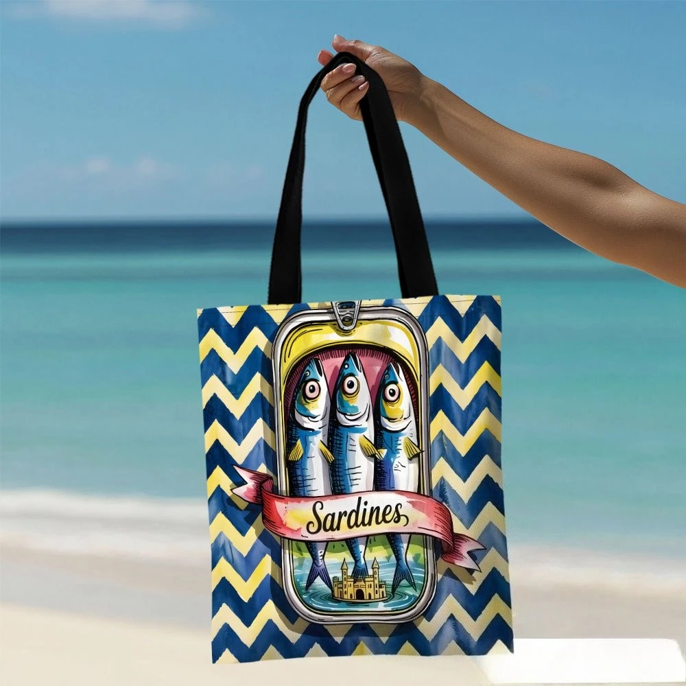 1pc Women's Sardine Castle Scene Tote Bag Vibrant Chevron & Sardine,Durable Polyester Reusable Shopping Bag for Beach Bag