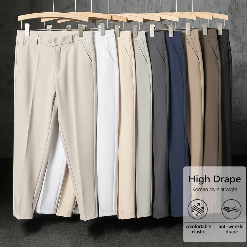 New Men Ice Silk Straight Leg Suit Pants Korean Wrinkle‑Free Draped Formal Office Business Solid Color Casual Trousers