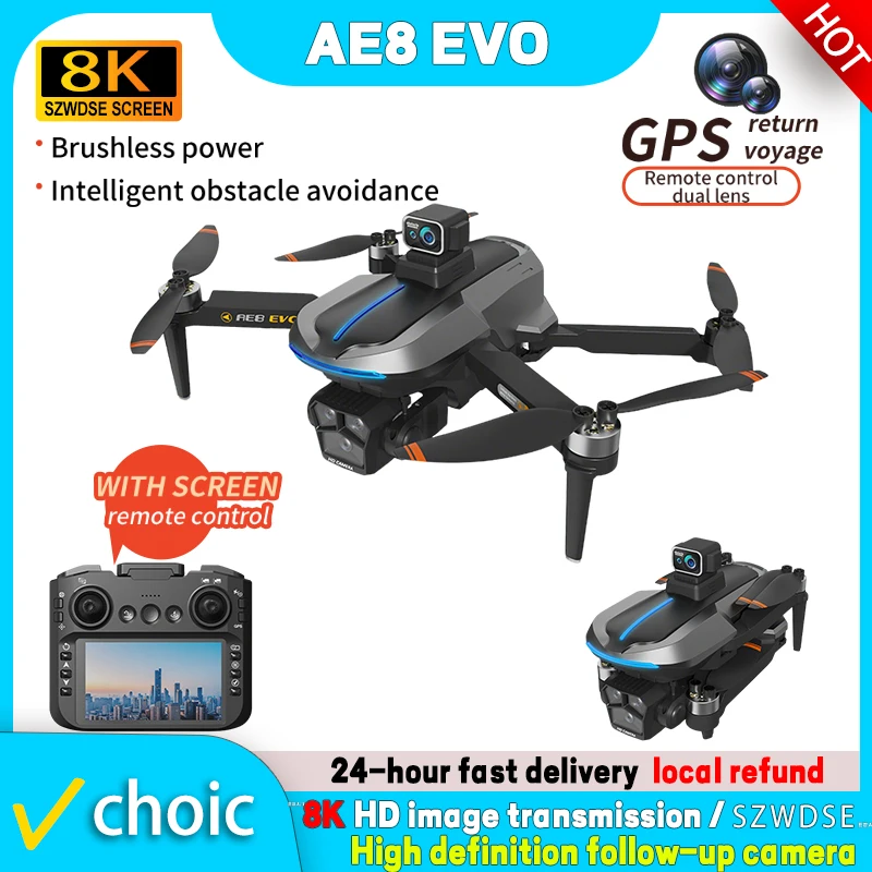 

AE8 EVO GPS Drone 8K Professional HD 4 Lens Camera 5G WIFI FPV Brushless UAV With Screen Remote Control RC Quadcopter Drones Toy