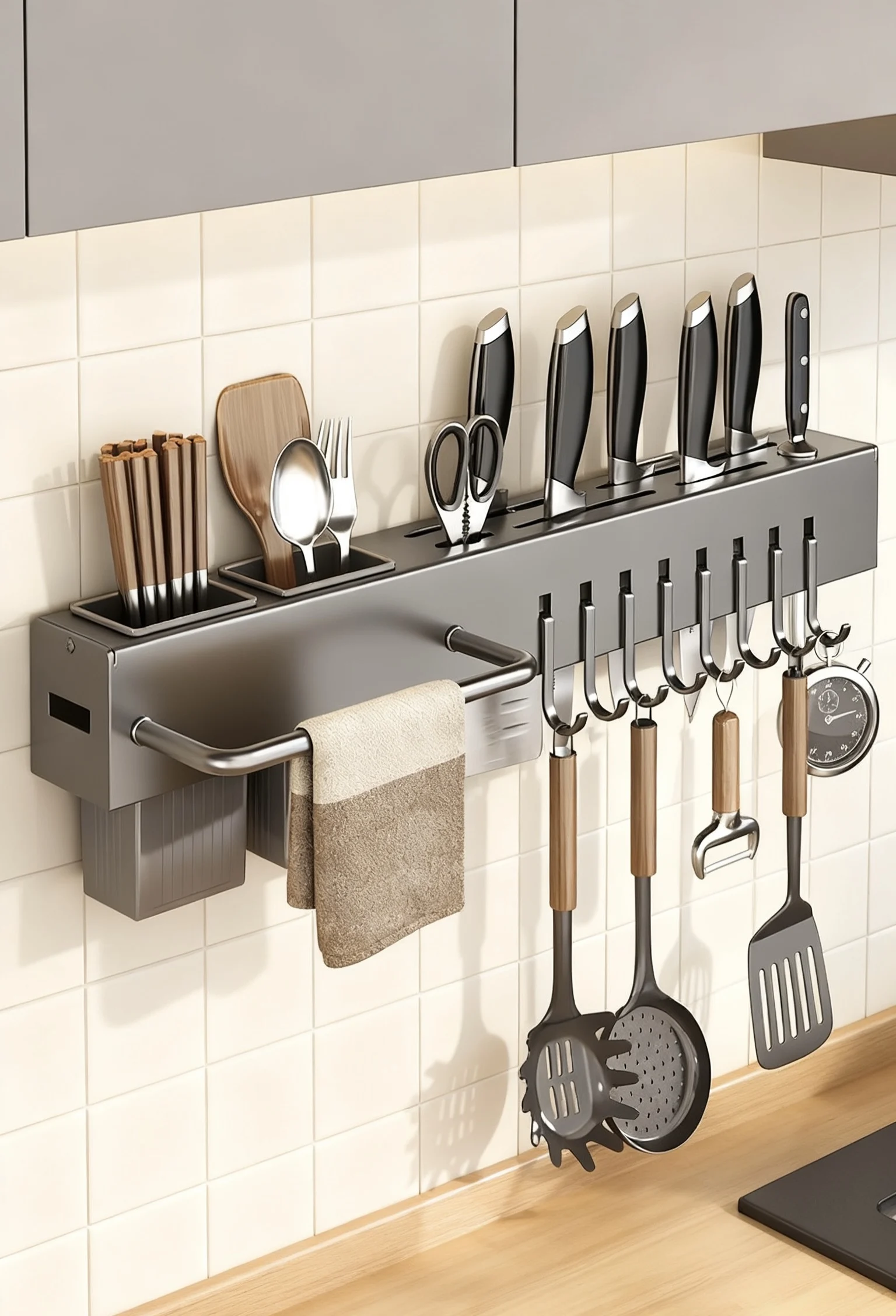 

Stainless Steel Wall-Mounted Kitchen Spoon Holder Knife Stand Hook Multi-Function No-Drilling Cutlery Storage Organizer