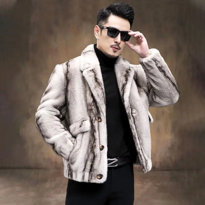 Mens เสื้อขนสัตว์ Faux Fur Coat ผู้ชาย Ferret ผู้ชายแจ็คเก็ตฤดูหนาวปรับแต่ง Collar ชายเสื้อเลียนแบบ Mink Fur Winter Man เสื้อหรูหรา