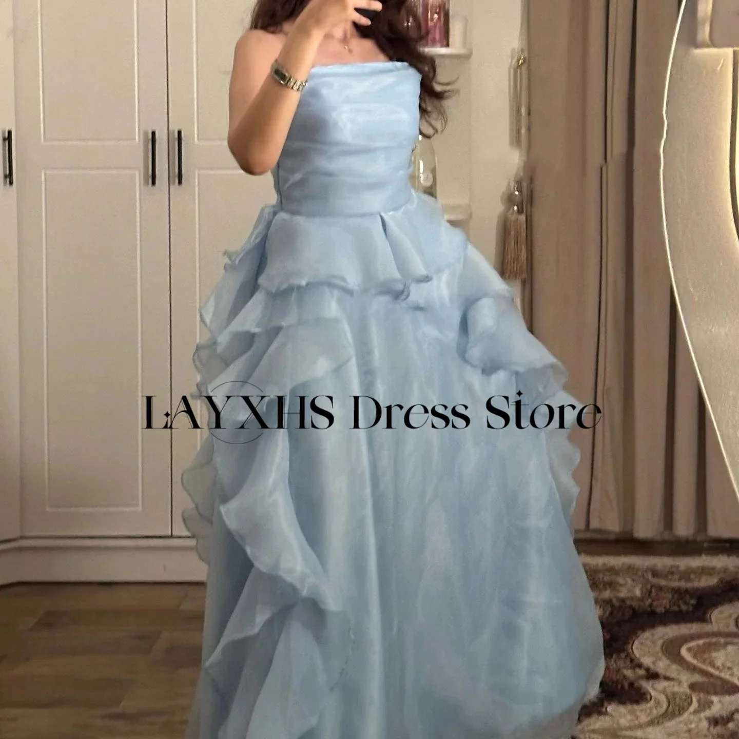 

LAYXHS Fashion Blue Strapless Evening Dresses A-Line Tulle Ruffle Birthday Party Prom Gowns Customized فساتين سهرة