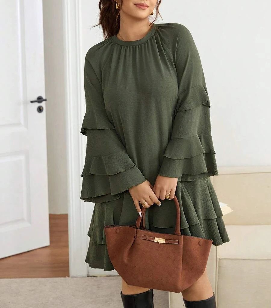 

Женское повседневное элегантное/рабочечное платье больших размеров оливково-зеленого цвета с рукавами-колокольчиками (настоящий продукт без пояса)