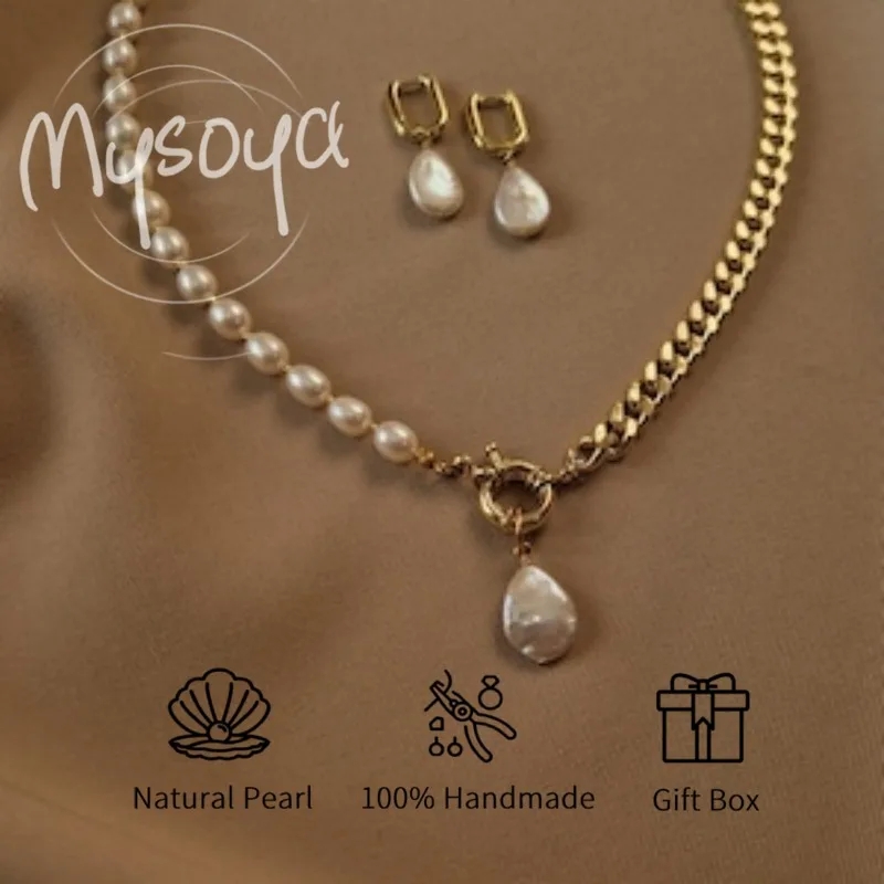 

MYSOYA ожерелье с подвеской в стиле барокко из белого риса в форме пресноводного жемчуга 7-8 мм и 10-12 мм на юбилей/день рождения/свадебный подарок для нее