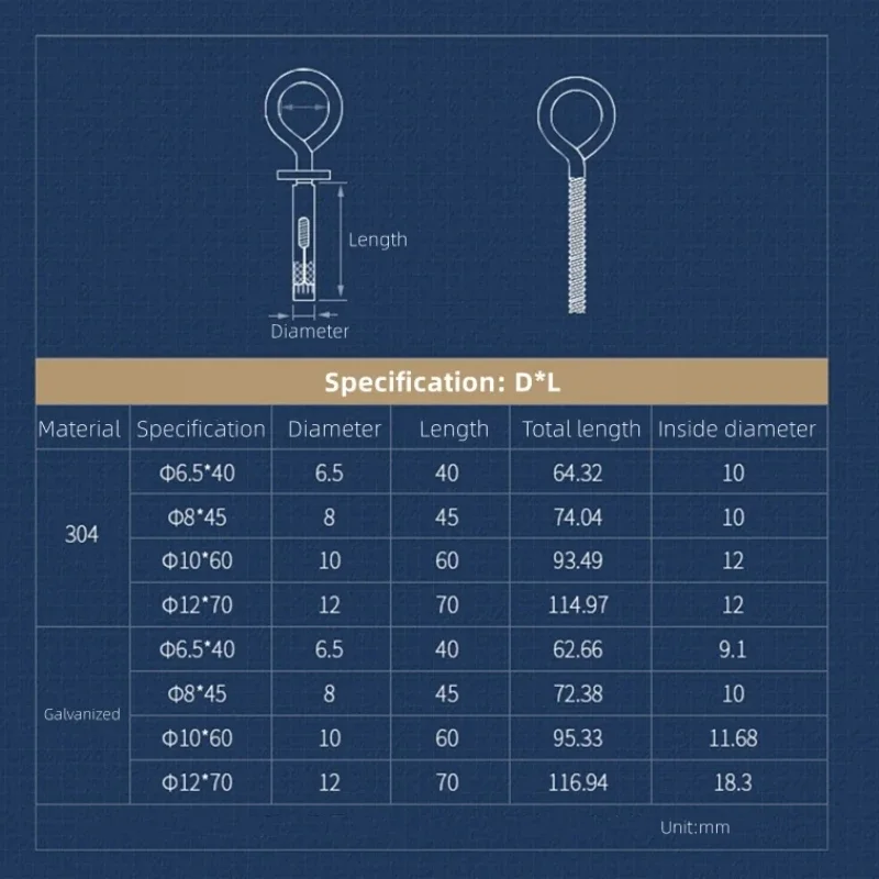 M6.5 M8 M10 M12 304 Stainless Steel/Galvanized Eye Expansion Hook Ring Pull Explosion Screws Pendant Lamp Swing Hooks