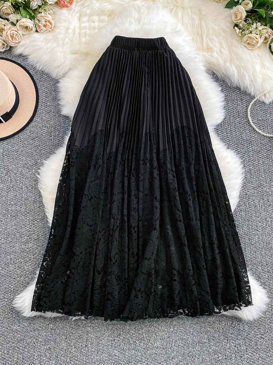 Ele Spitze Spleißen Hohe Taille Princ Sle Falten Rock frauen Sommer Abnehmen Midi Rock Faionable Ladylike