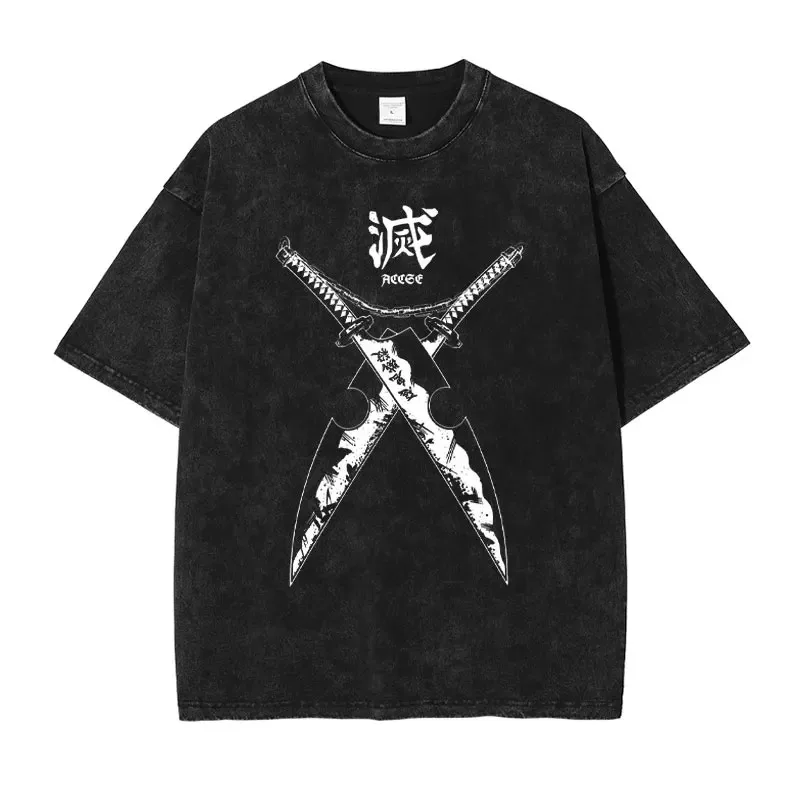 Anime Uzui Tengen T Shirts Vintage Washed Demon Slayer T-shirt Oversized Streetwear Short Sleeve Kimetsu No Yaiba Tops Tees Men