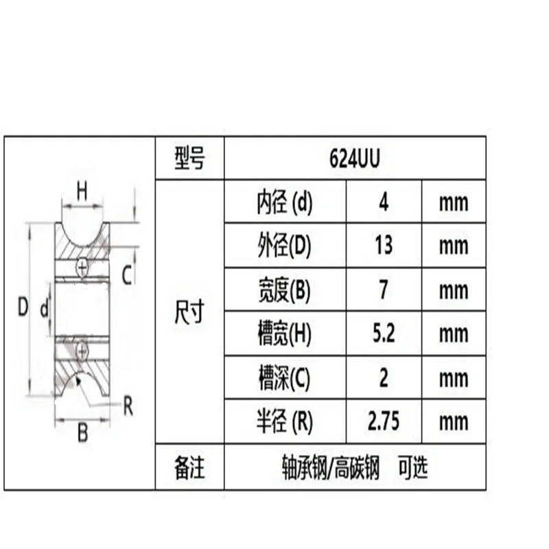 1 piece Bearing Steel/Carbon Steel   U624zz Guide Rail U-groove V-groove Embedded Pulley Bearing 624UU 4 * 13 * 7 mm