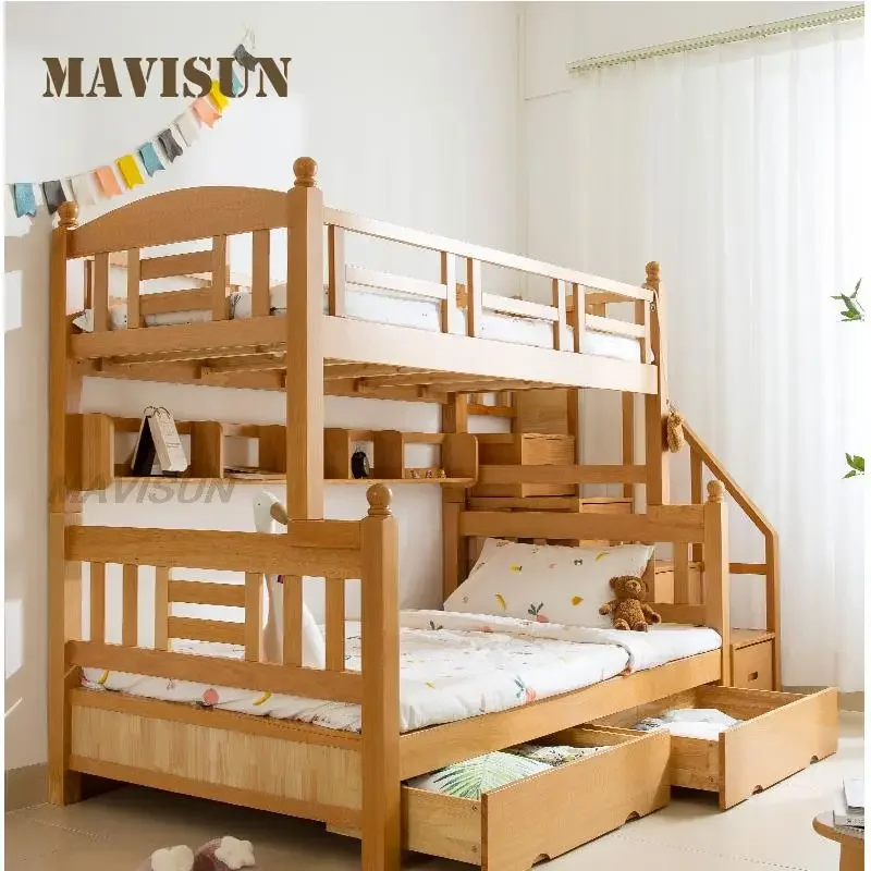 Litera de madera maciza de haya para niños, cama de dos pisos, almacenamiento multifuncional, estilo nórdico, bonito patrón Simple