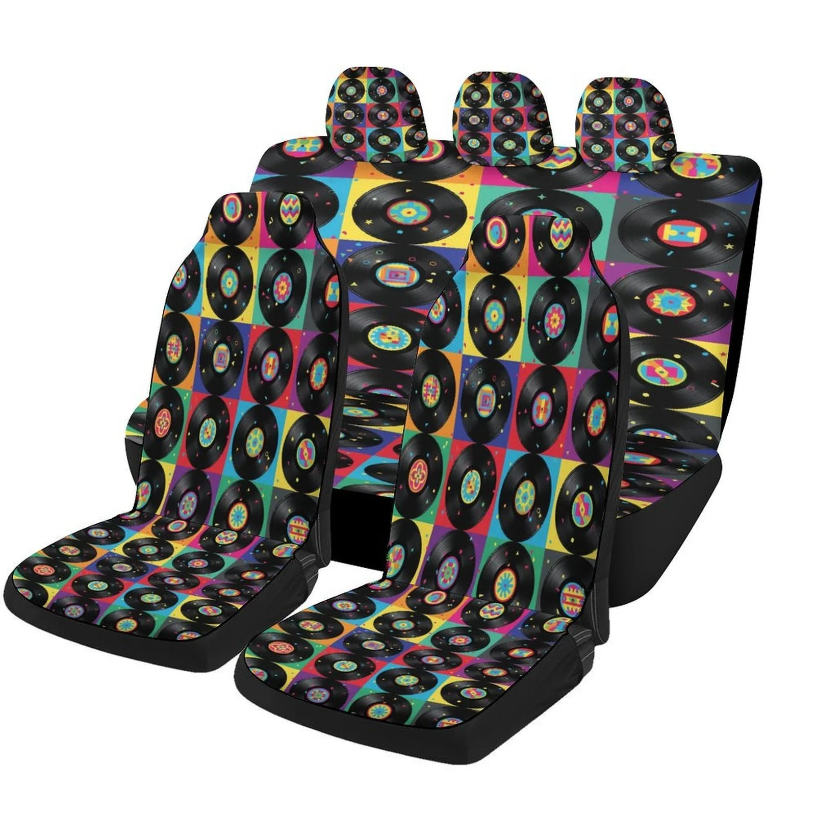 Vinyl Records Themed Car Seat Cover Set - Trendy High-Quality Polyester Full Set For 2 Front & Rear Seats, Vibrant Multicolor Vi