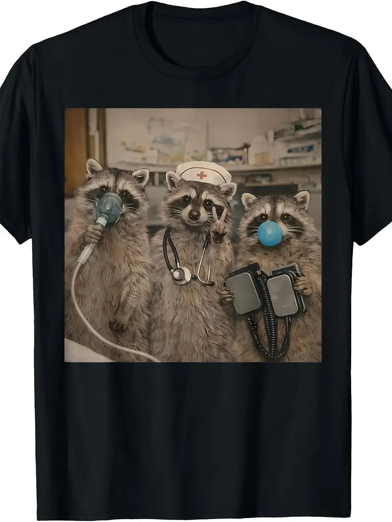Funny Animal Raccoon Doctor Nurse Medical Team Graphic Men's And Women's T-Shirt Cute Wildlife Hospital Theme Design Daily Wear