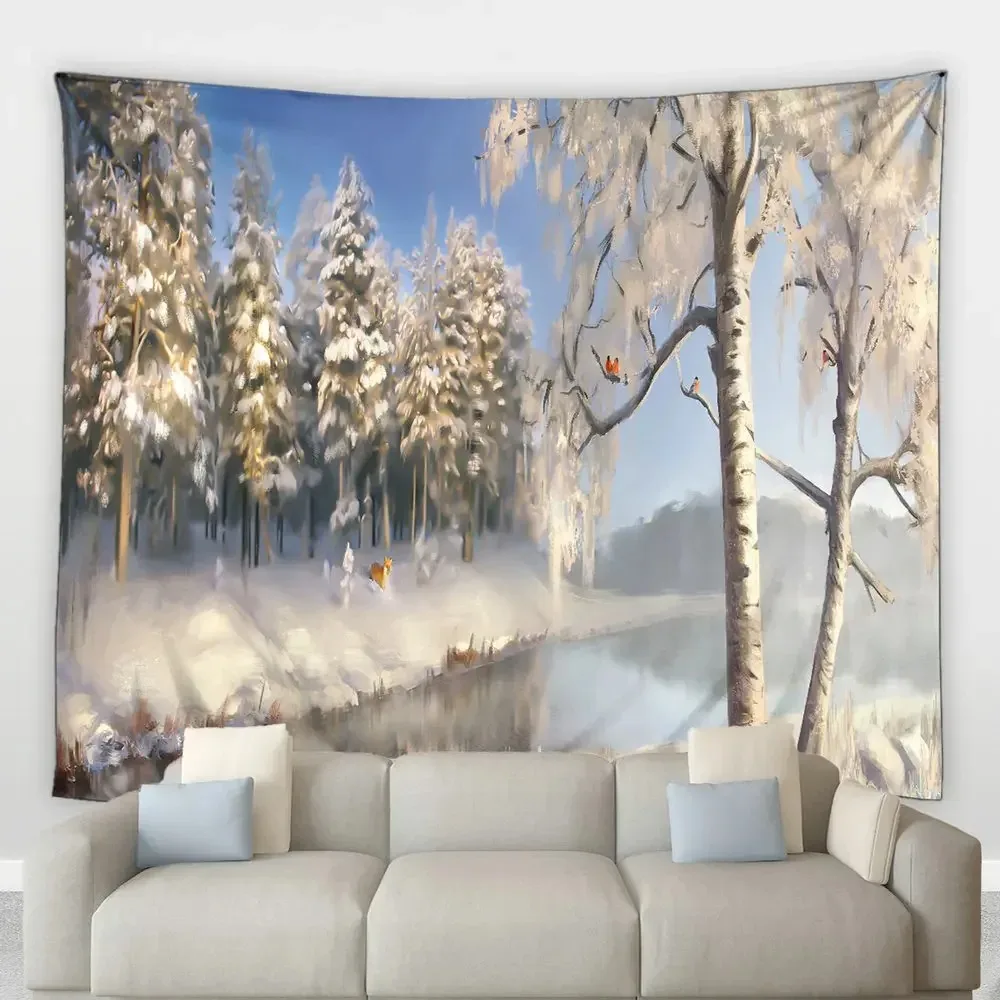 Fantasy Winter Forest Scenery Tapestry Park Lake Pine Tree Snow Scene New Year Wall Hanging Cloth Living Room Bedroom Home Decor