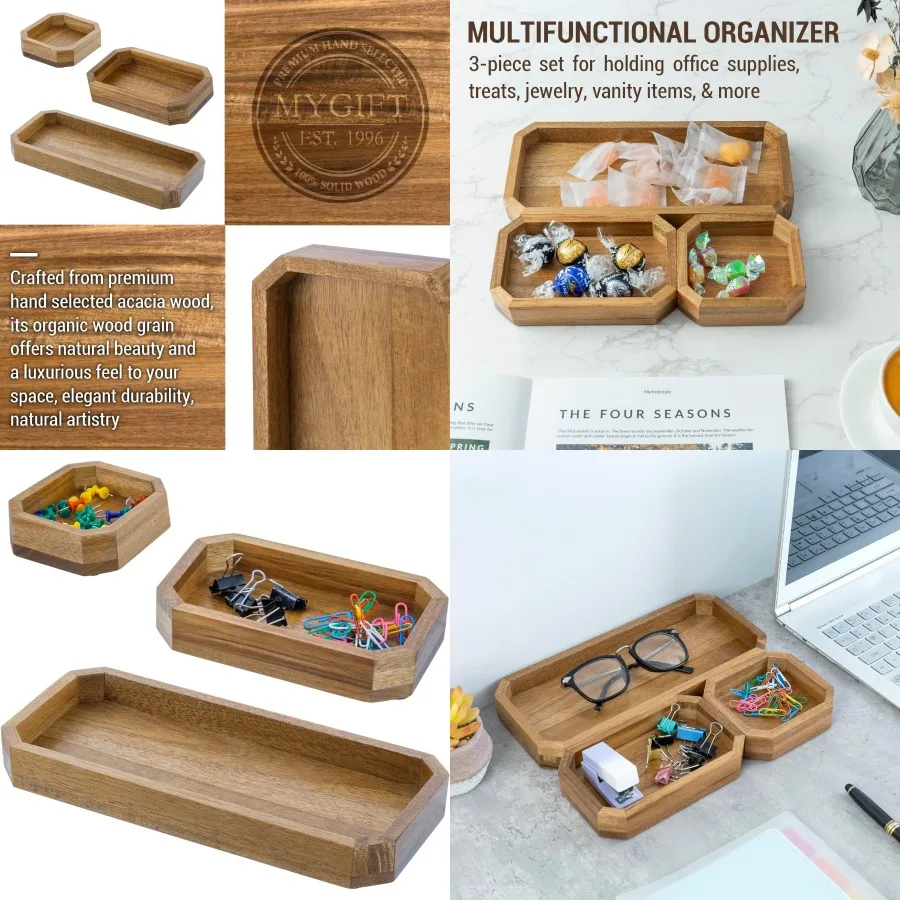 

Premium Solid Acacia Wood Octagonal Desk Organizer Trays for Office and Home Use 3-Piece Set with Elegant Storage Solutions for