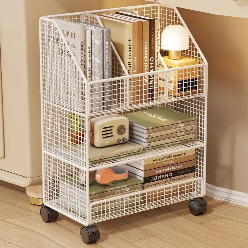 AOLIVIYA Mobile Floor Bookcase Cabinet Library Shelves Desk Bookshelf Storage Rack Pulley Display Organizer Side Stand
