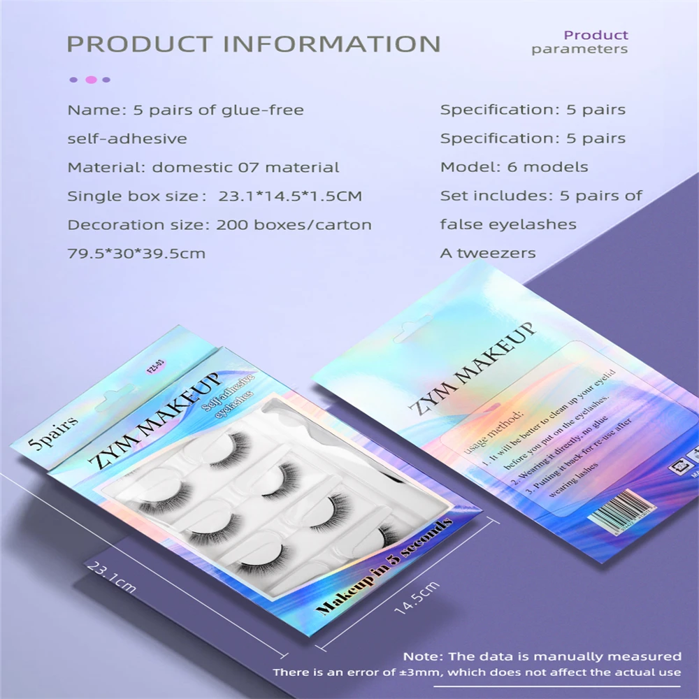 5 أزواج من الرموش الصناعية الخالية من الغراء للمبتدئين مع شرائط لاصقة حساسة لدرجة الحرارة، مجموعة رموش وهمية سهلة الاستخدام