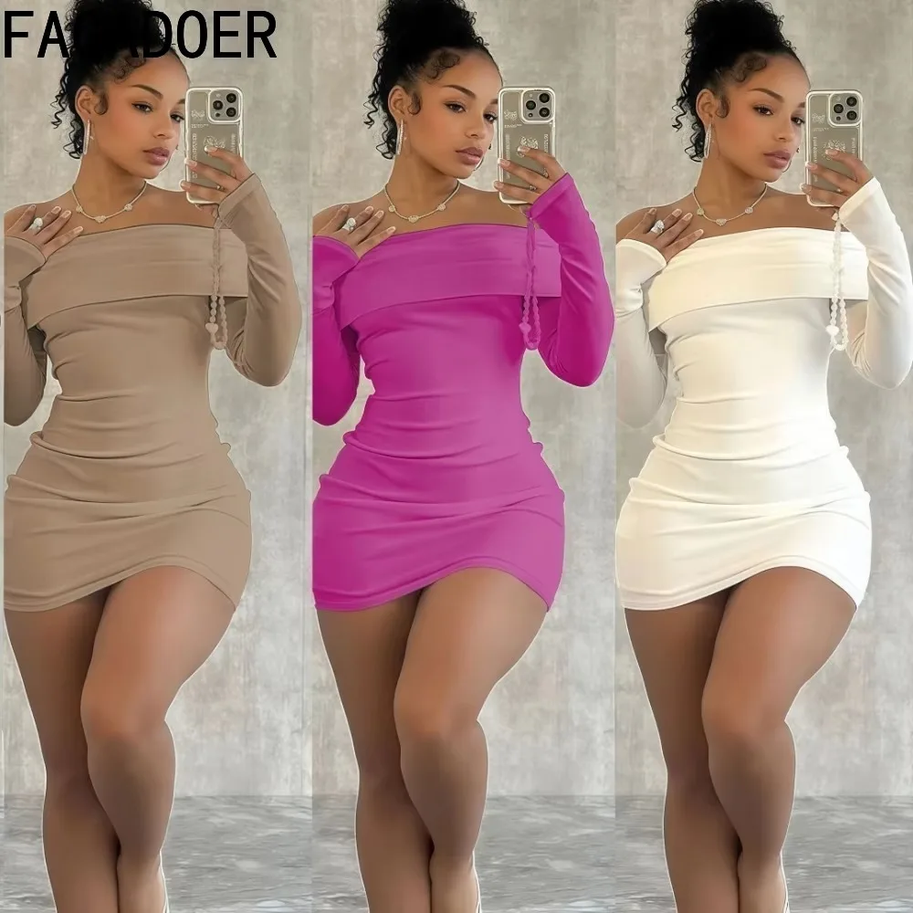 

FAGADOER Off Showlder Sexy Mini Dress Women Solid Color Backless Long Sleeves Bodycon Dresses Female Nightclub Party Vestidos