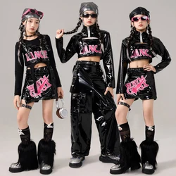 Black Leather Jazz Dance Costume Girls Black Set Kids Hip Hop Performance Clothes Competition Outfit Concert Stage Wear BL14467