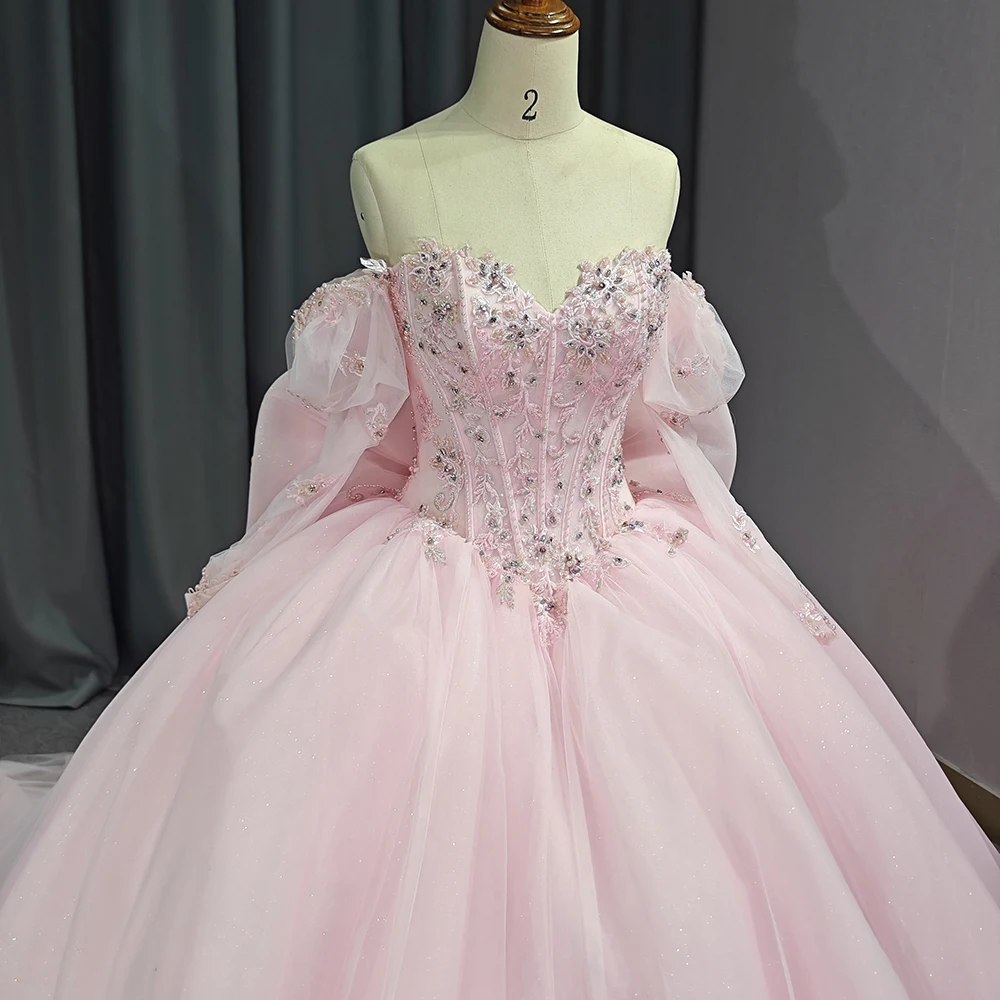 Brilhante fora do ombro vestido de renda lantejoulas, vestido rosa Quinceanera, grânulos arco trem tribunal, 15 anos, DY6774