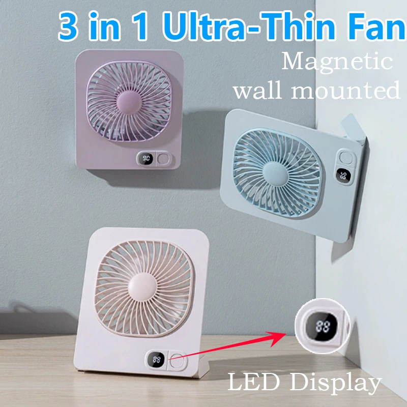 

3 in 1 Ultra-Thin Fan Magnetic Desk Wall Mounted Hanging Fan 1200mAh Type-C Rechargeable LED digital display Cooling Fan Kitchen