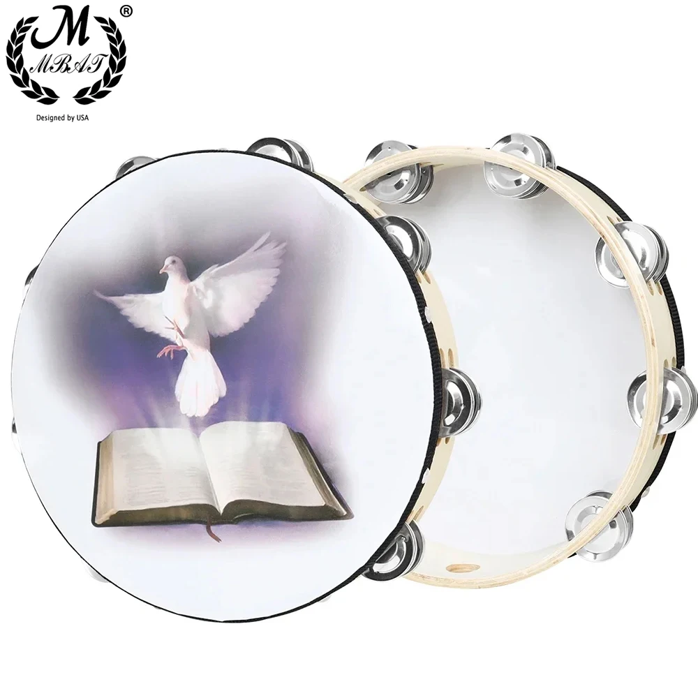 10 Inch Bible Peace Dove Tambourine Double Layered Hand Cranked Bell Drum Tambourine for Kids/Church/Wedding Musical Instrument