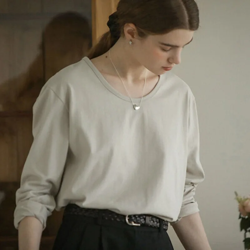 الكلاسيكية الأساسية المرأة طويلة الأكمام تي شيرت 2025 خريف جديد 100% القطن مكتب السيدات الجولة الرقبة بلون القمم الملابس النسائية