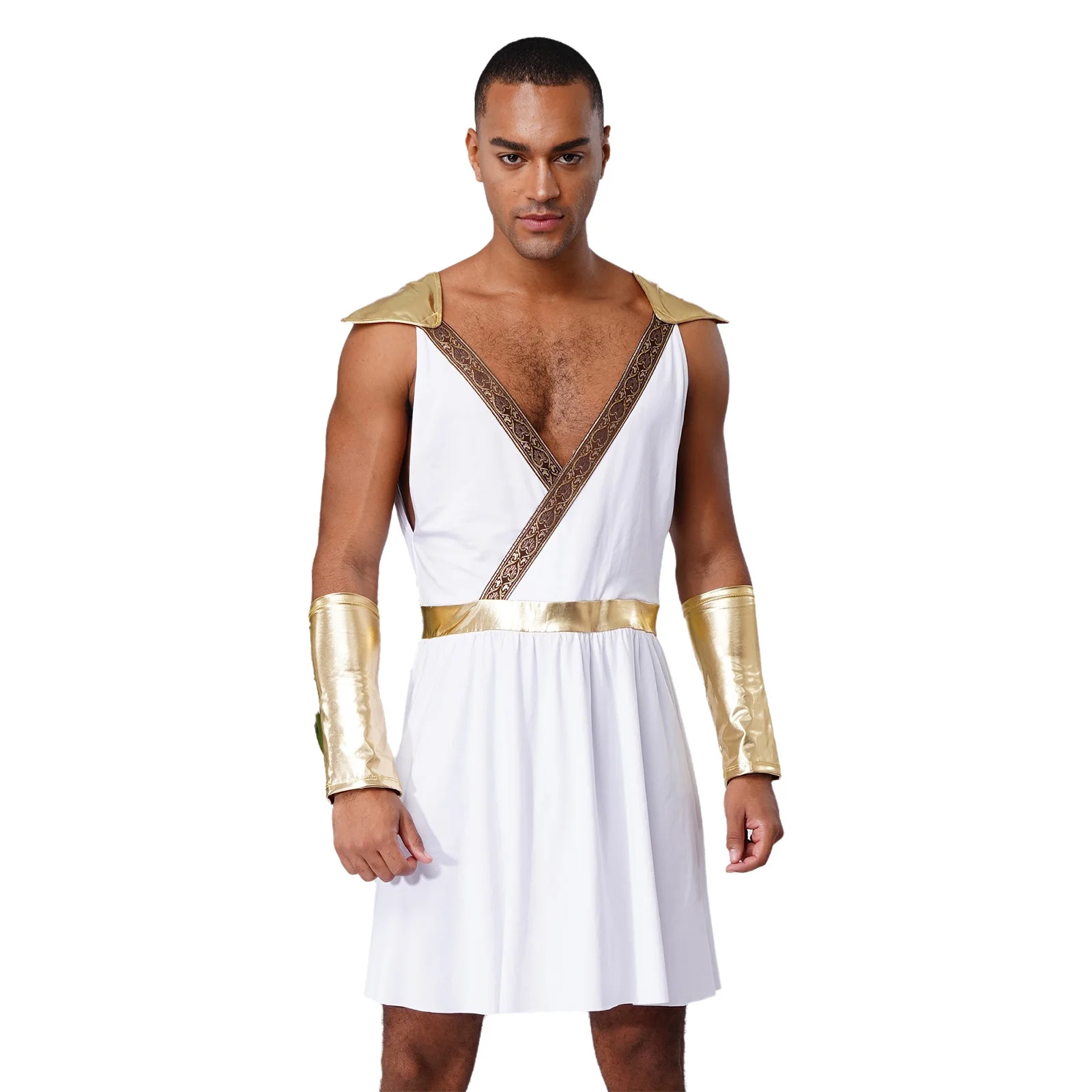 

Mens Greek Costume 2Pcs V-Neck Sleeveless Contrast Color Patchwork Robe+Cuffs for Halloween Cosplay Theme Party Fancy Dress Ball